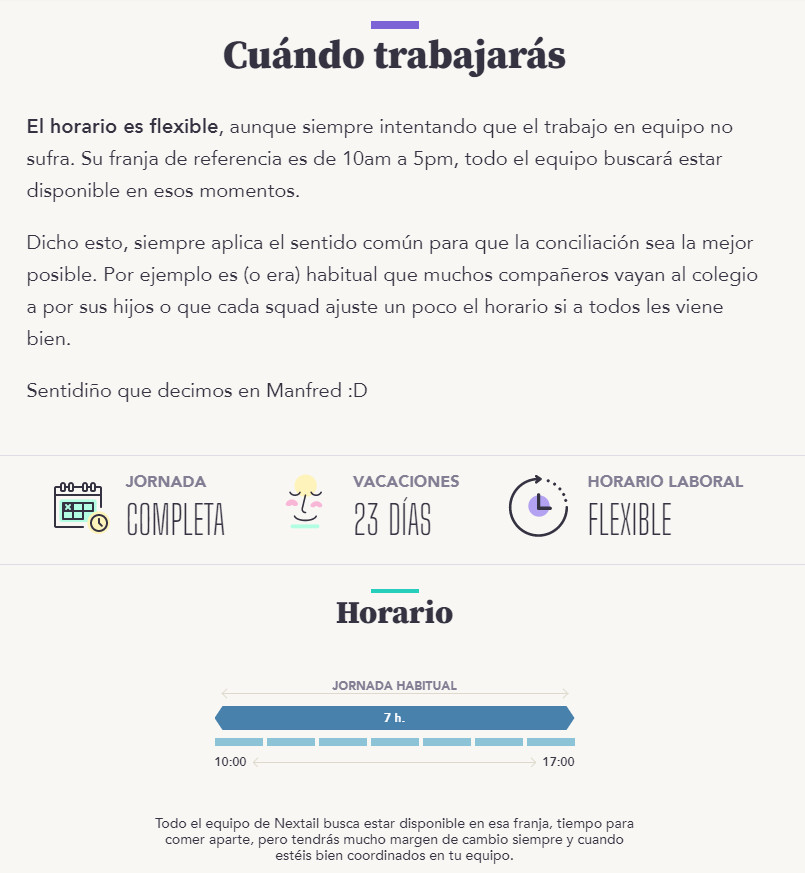 Sección «Cuándo trabajarás» en las ofertas