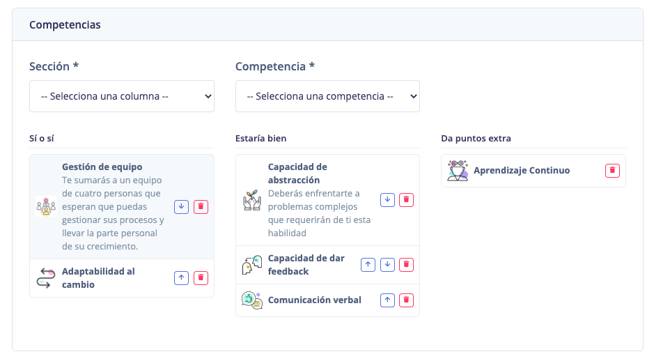 Competencias en la página de ofertas